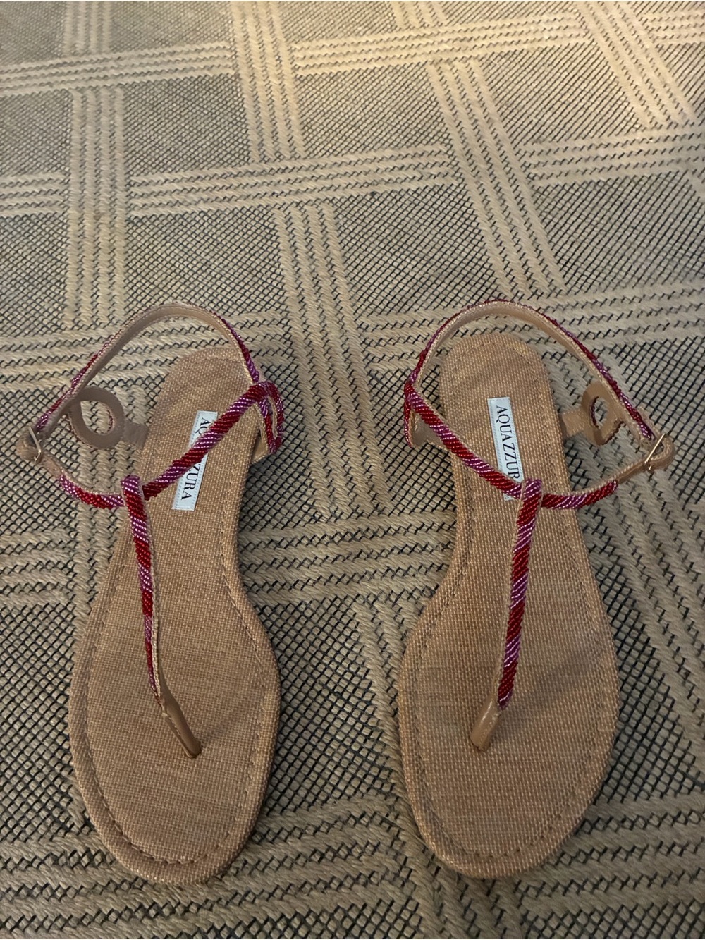 Aquazzura Red and Pink Braided T-Strap Sandals